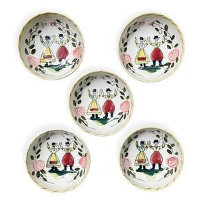 Set of 5 Vintage Hand-Painted Ceramic Bowls w/Peasant Dancers, like Quimper